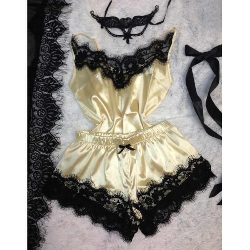 Sexy Lace Satin Pajama Sets Women's Sleepwear Sleeveless Tops+Shorts Sets Pyjama Sets For Women Pijama Nightwear