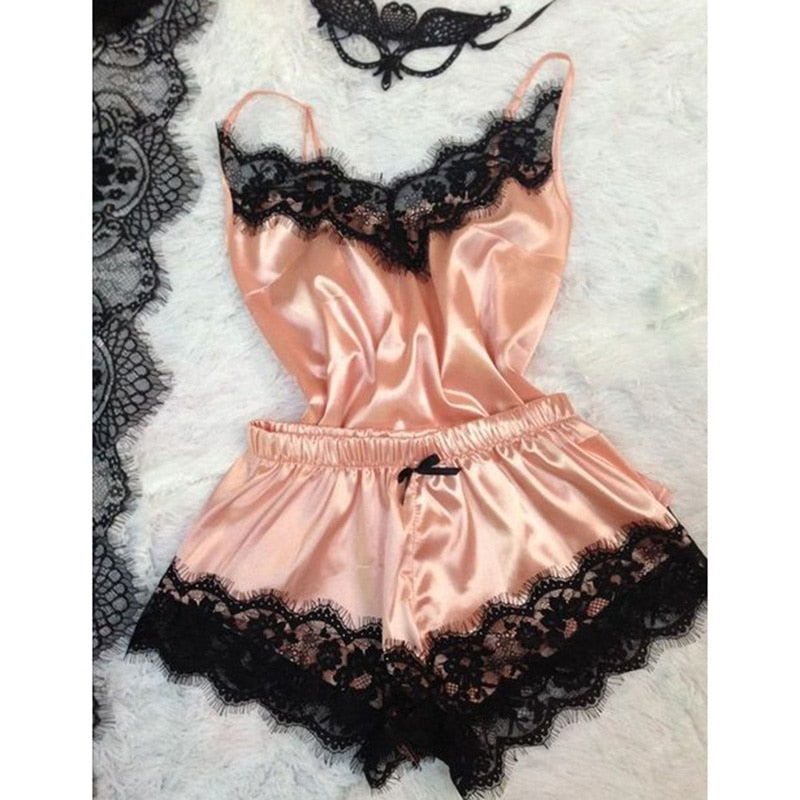 Sexy Lace Satin Pajama Sets Women's Sleepwear Sleeveless Tops+Shorts Sets Pyjama Sets For Women Pijama Nightwear