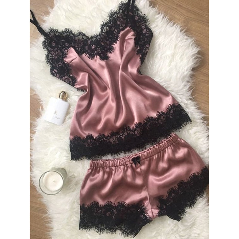 Sexy Lace Satin Pajama Sets Women's Sleepwear Sleeveless Tops+Shorts Sets Pyjama Sets For Women Pijama Nightwear