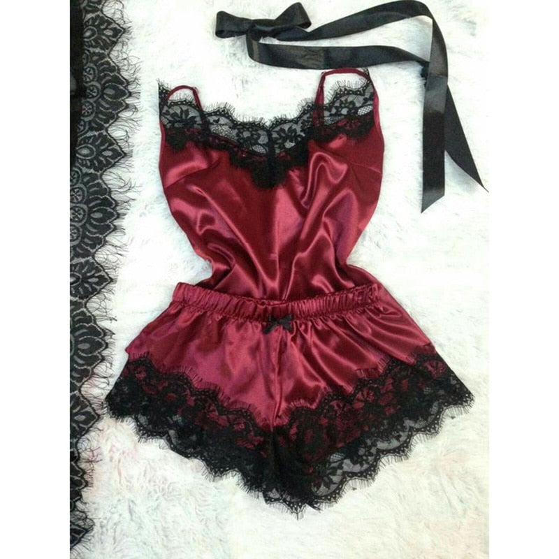 Sexy Lace Satin Pajama Sets Women's Sleepwear Sleeveless Tops+Shorts Sets Pyjama Sets For Women Pijama Nightwear