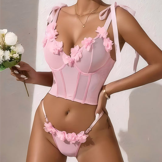 Three-Dimensional Floral Fishbone Push-Up Lingerie Set